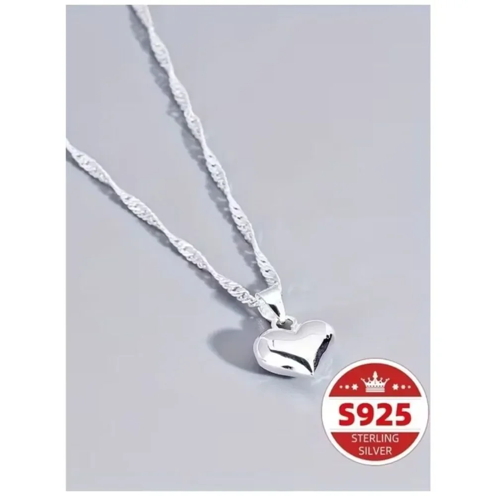 NWT-Heart Pendant Necklace Puffy Sterling Plate Twist Chain Modern Classic